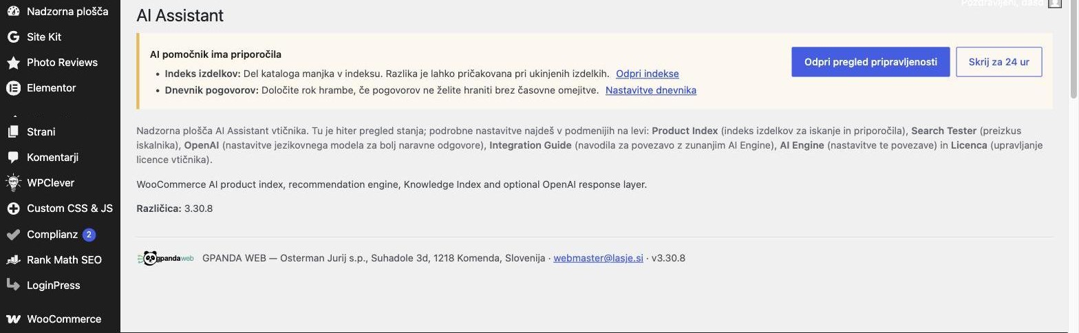 Nadzorna plošča AI Chat za WooCommerce