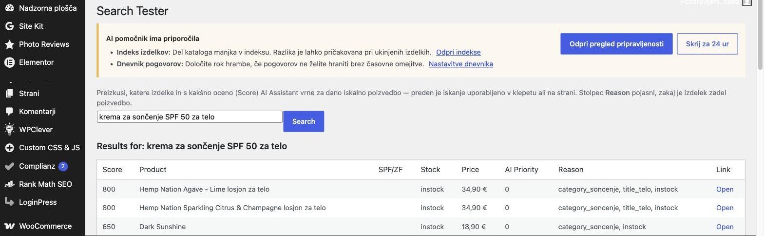 Preizkus iskanja AI Chat za WooCommerce
