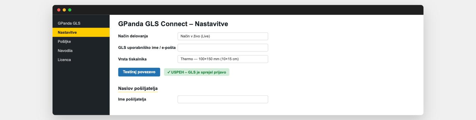 GPanda GLS Connect plugin settings screen
