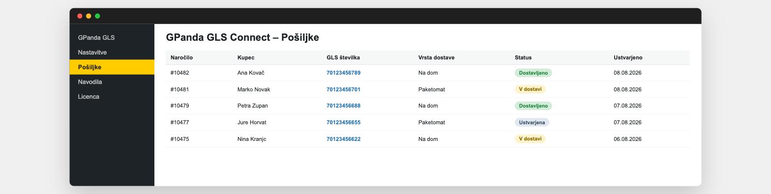 Shipments page – overview of GLS orders and statuses