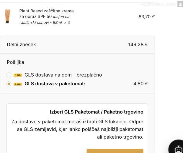 Izbira GLS Paketomata na blagajni