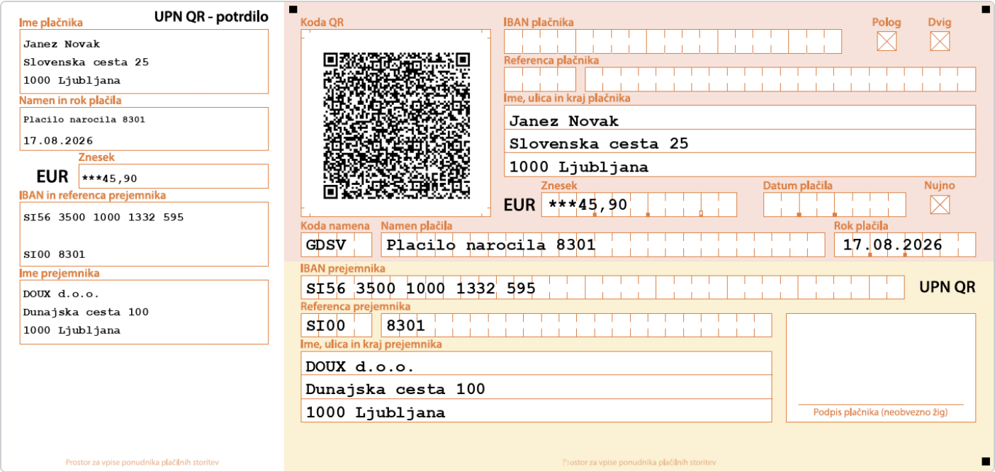 Samodejno generiran UPN obrazec s QR kodo